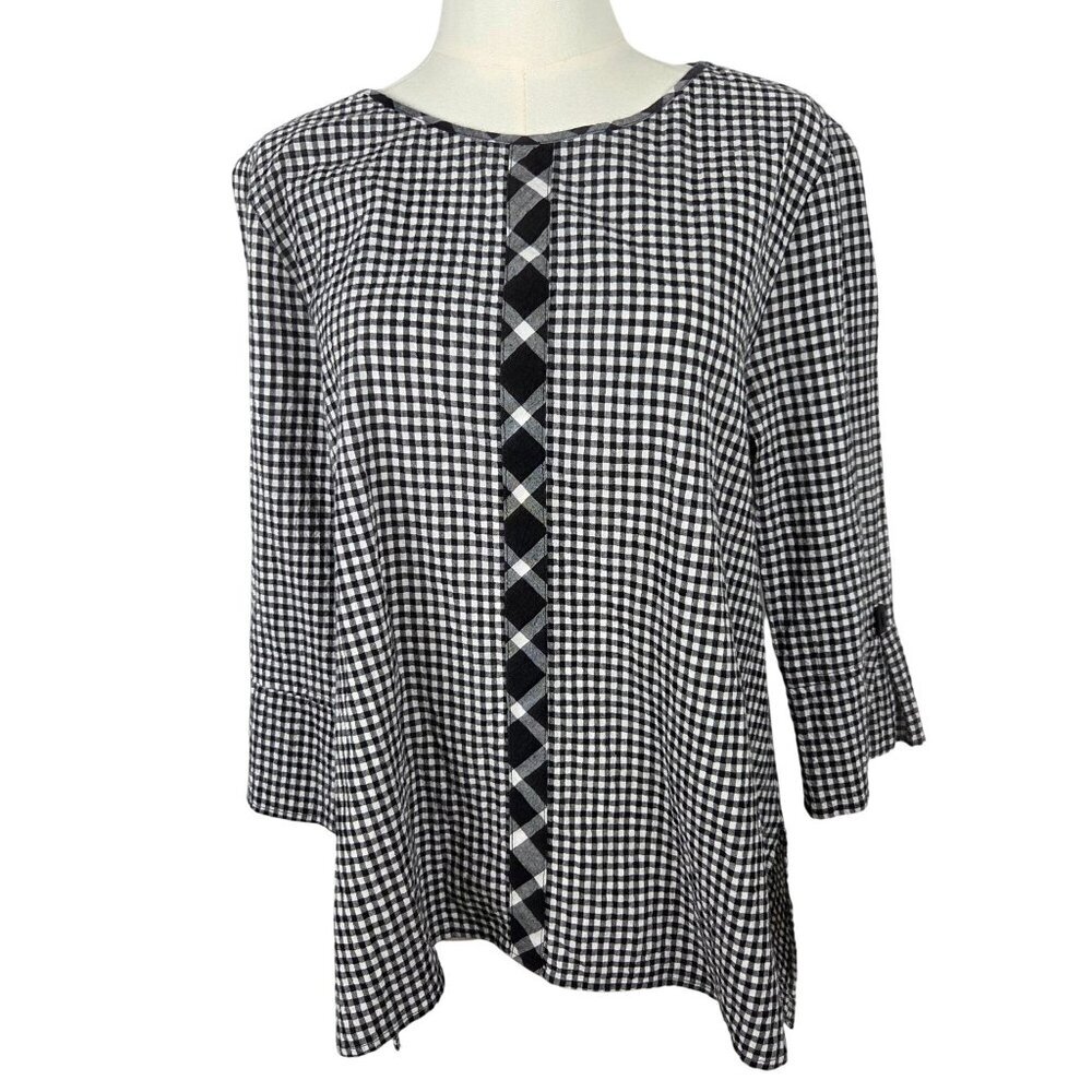 Habitat Top Small Black & White‎ Gingham Tunic Cotton Lagenlook Check 3/4 Sleeve